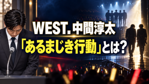 「WEST.中間淳太『あるまじき行動』とは？」の文字と、謝罪する男性、5人と2人に分かれるグループを描いたアイキャッチ画像