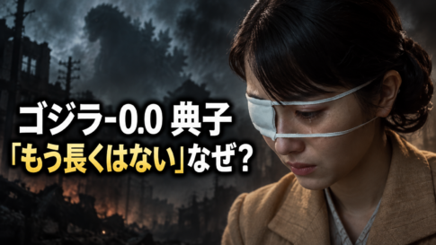 右目に眼帯を着け涙を流す典子と、ゴジラの影を描いた『ゴジラ-0.0』考察記事のアイキャッチ画像