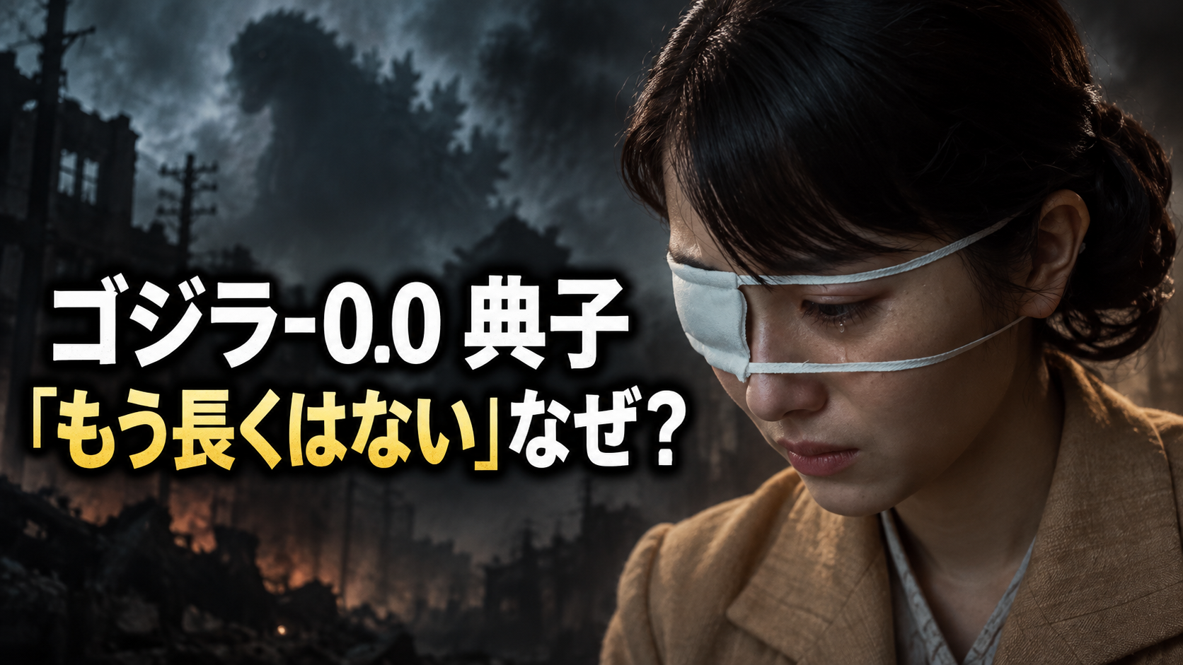 右目に眼帯を着け涙を流す典子と、ゴジラの影を描いた『ゴジラ-0.0』考察記事のアイキャッチ画像
