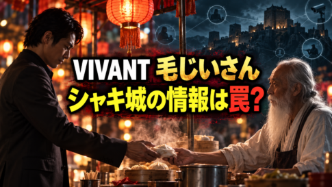 夜市の屋台で男性と毛じいさんが向き合い、背景にシャキ城と監視網を描いた『VIVANT』考察画像