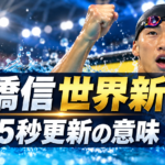 プールで拳を上げる大橋信選手と、世界記録を0.65秒更新したことを伝える文字