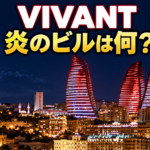 VIVANTのロケ地・バクーに立つフレイム・タワーズの夜景をイメージした画像。「炎のビルは何?」の文字入り。