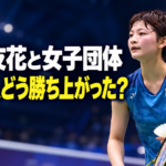 宮崎友花選手の写真を使い、バドミントン女子団体の決勝までの勝ち上がりを伝える画像