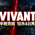 『VIVANT』前半戦完結と10月4日の放送再開を示す、地図・砂時計・情報員のアイキャッチ画像