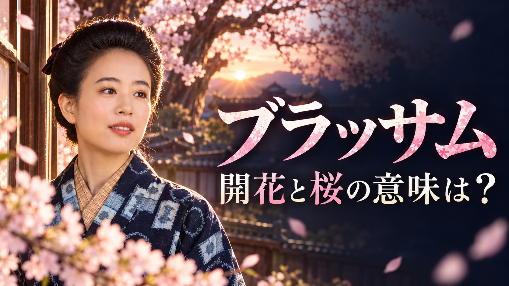 朝ドラ『ブラッサム』の題名に込められた開花と桜の意味を、着物姿の女性と桜で表現した画像