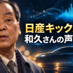 日産キックスCMの和久さんのAI音声を表す、人物と車、音声波形の画像