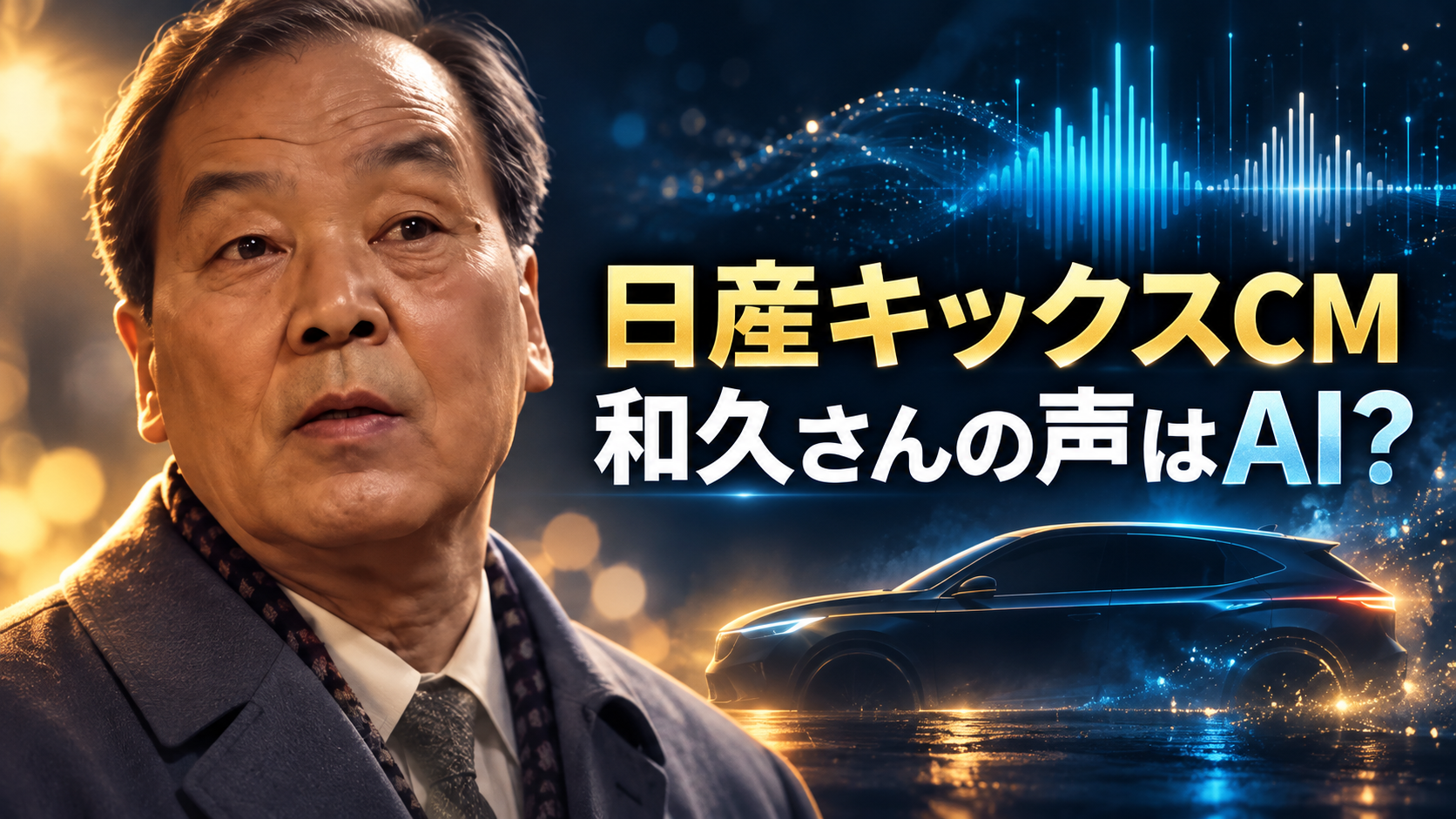 日産キックスCMの和久さんのAI音声を表す、人物と車、音声波形の画像