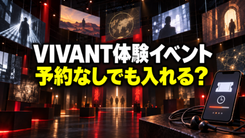 『VIVANT』体験イベント会場をイメージした空間と、日時指定チケットを表示するスマートフォン・イヤホン