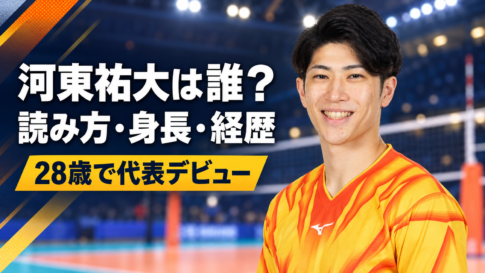 男子バレーの河東祐大さんと「河東祐大は誰？読み方・身長・経歴、28歳で代表デビュー」の文字を配置したアイキャッチ画像