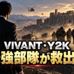 砂漠の要塞を前に、スーツ姿の情報員と最強部隊Y2Kが救出作戦へ向かうイメージ