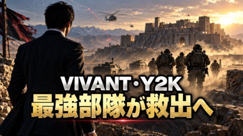 砂漠の要塞を前に、スーツ姿の情報員と最強部隊Y2Kが救出作戦へ向かうイメージ