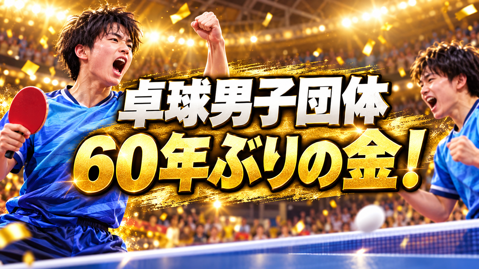 卓球男子団体の金メダルを祝う選手たちを描いた画像