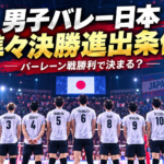男子バレー日本代表の選手たちがコートに並び、準々決勝進出条件を大きく示したアイキャッチ画像