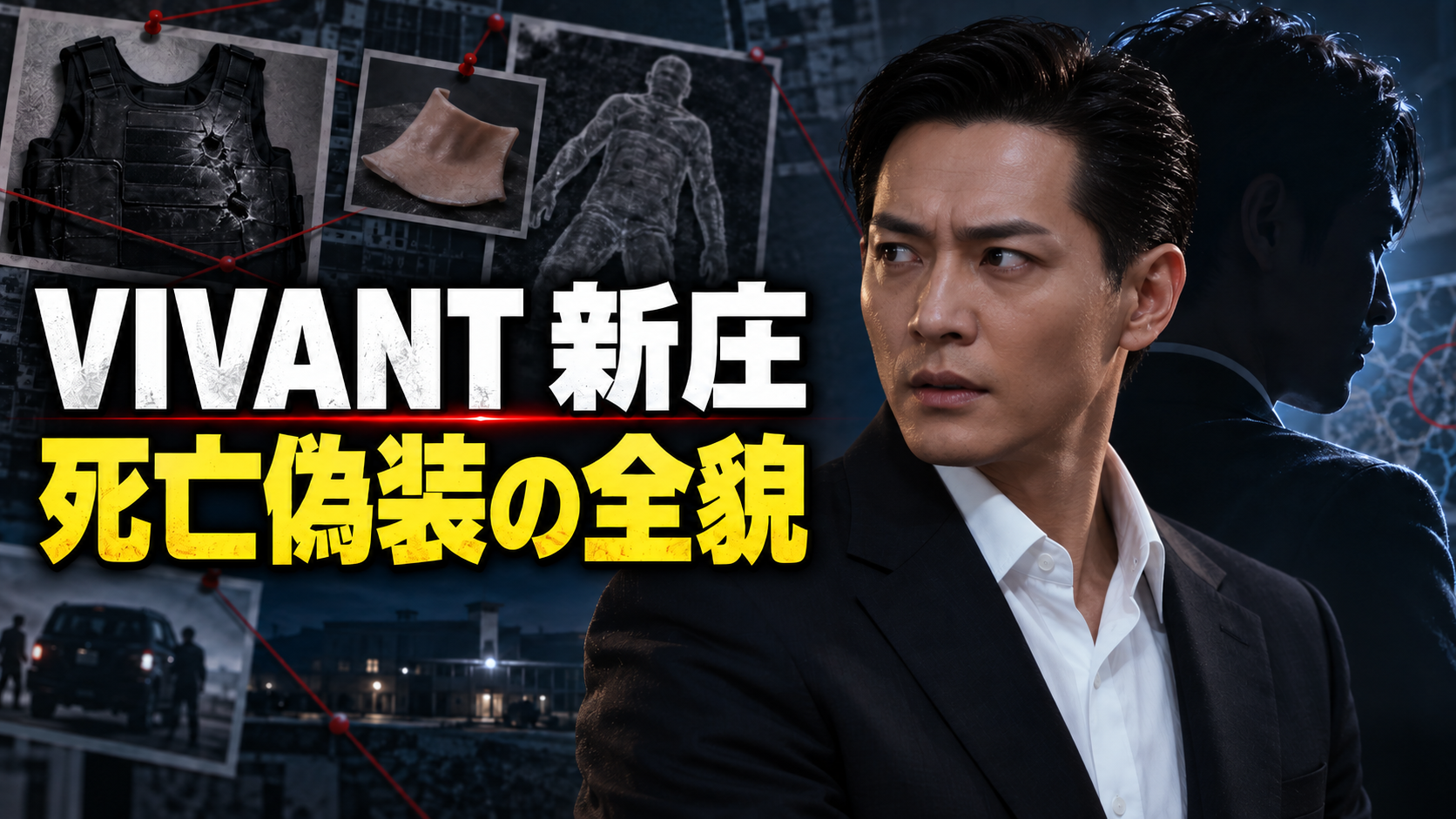 防弾ベストや替え玉を示す資料を背景に、新庄の死亡偽装を描いた『VIVANT』考察画像