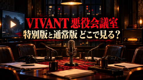 『VIVANT 悪役会議室』のマイクが並ぶ収録室に、特別版と通常版の視聴先を問う文字を配置した画像
