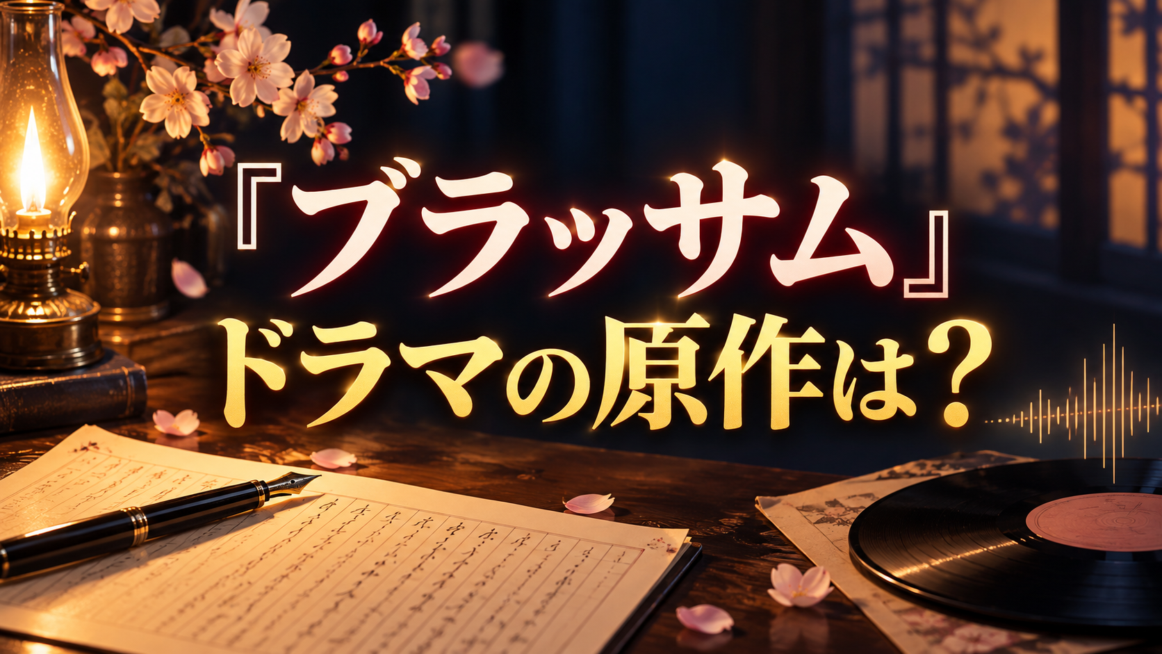 桜と原稿、レコードを背景に「ブラッサム ドラマの原作は?」と記したアイキャッチ画像