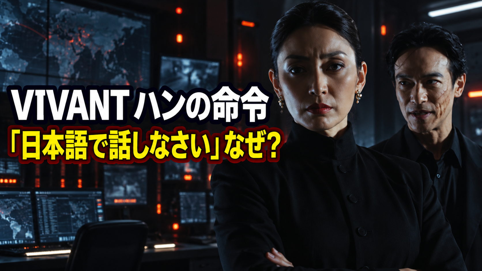監視室に立つハンとリュウに「日本語で話しなさい」なぜ？の文字を配置したアイキャッチ画像