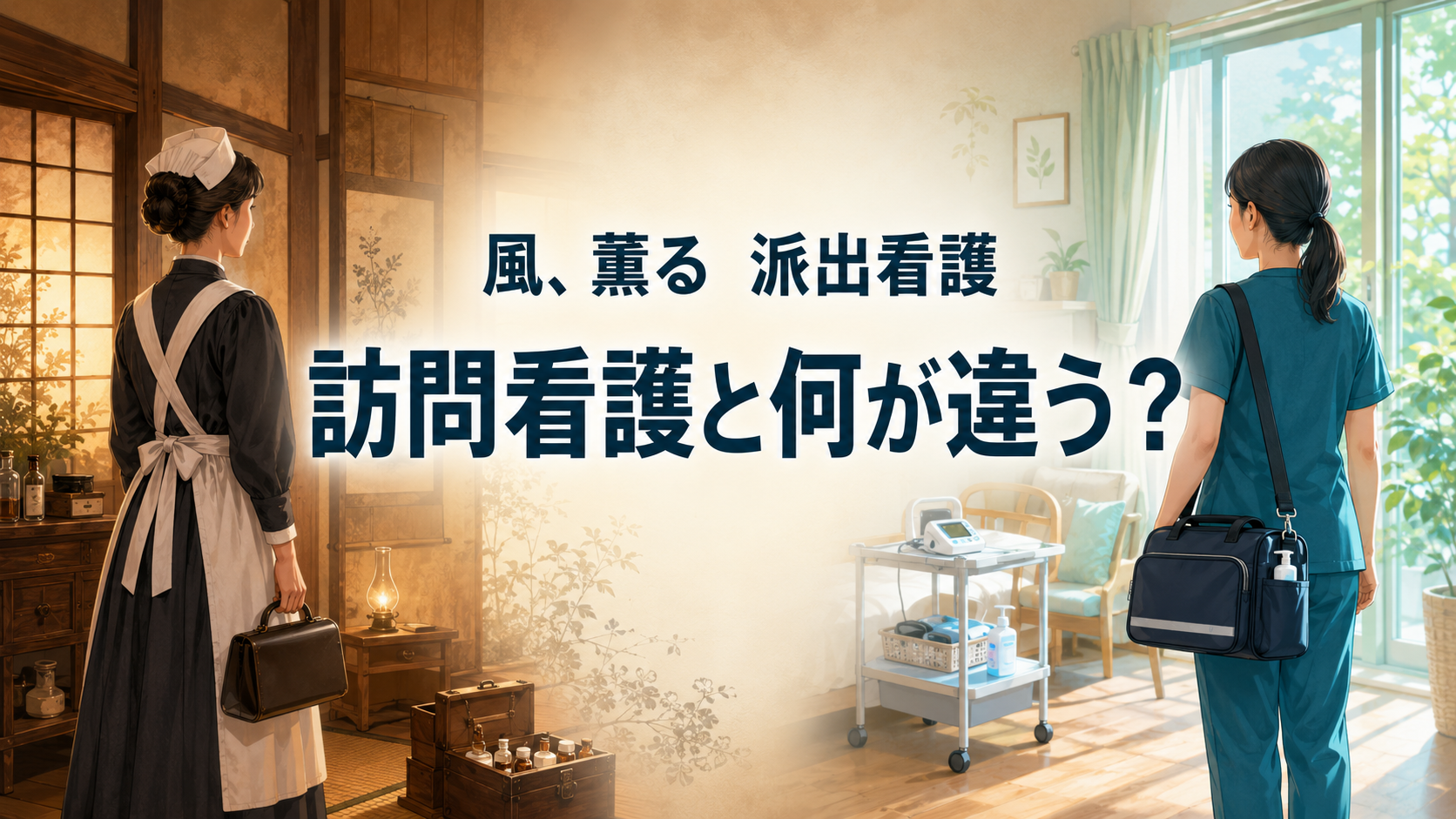 明治の派出看護婦と現代の訪問看護師を対比し、制度の違いを表現した画像。