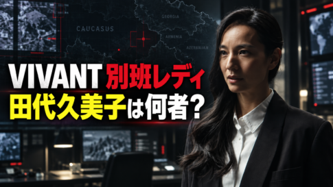 コーカサス地方の作戦室に立つ田代久美子と「VIVANT 別班レディ」の文字
