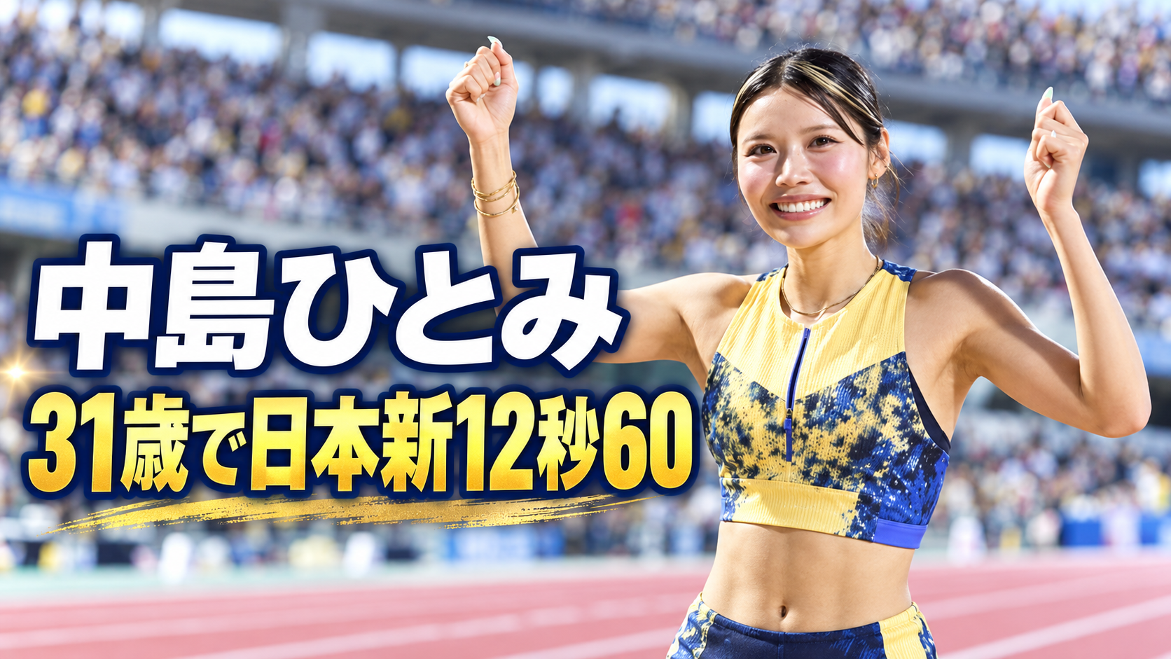 競技場で両手を上げて笑顔を見せる中島ひとみ選手と「31歳で日本新12秒60」の文字