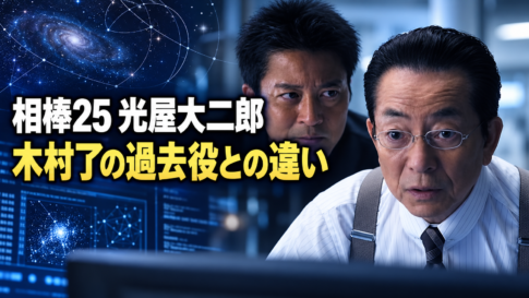 右京と薫を右側に配し、星空とコンピューターを背景に「相棒25 光屋大二郎」「木村了の過去役との違い」と記した画像。