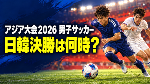 青と白のユニフォームの選手がボールを追うイラストに「アジア大会2026 男子サッカー」「日韓決勝は何時？」と表示した画像。
