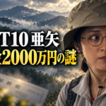 『LOST10』の亜矢をイメージした女性が、登山帽と丸眼鏡を身に着け、霧の山々を背景に横を見つめる画像。左側に「LOST10 亜矢」「保険金2000万円の謎」と大きく表示し、保険金受取人をめぐる疑問を表現しています。