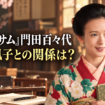 朝ドラ『ブラッサム』の門田百々代をイメージした、花柄の着物姿で本を抱える女性。桜や古い本、万年筆のある温かな教室風の背景に、「『ブラッサム』門田百々代」「土橋風子との関係は？」と大きく配置したアイキャッチ画像。