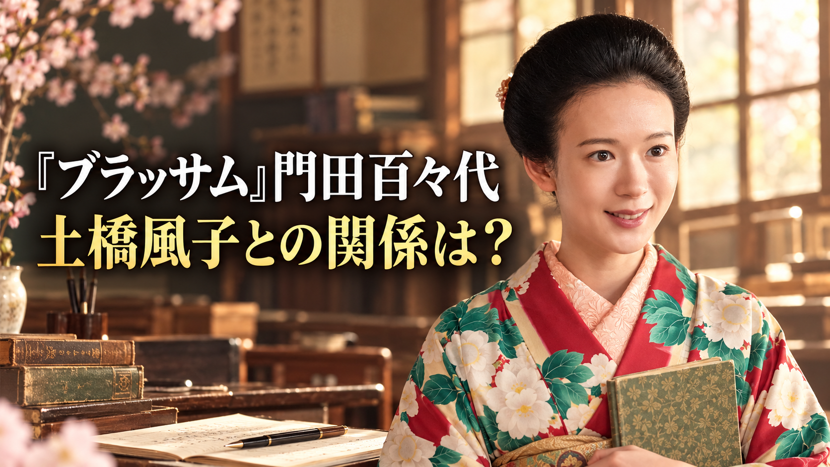 朝ドラ『ブラッサム』の門田百々代をイメージした、花柄の着物姿で本を抱える女性。桜や古い本、万年筆のある温かな教室風の背景に、「『ブラッサム』門田百々代」「土橋風子との関係は?」と大きく配置したアイキャッチ画像。