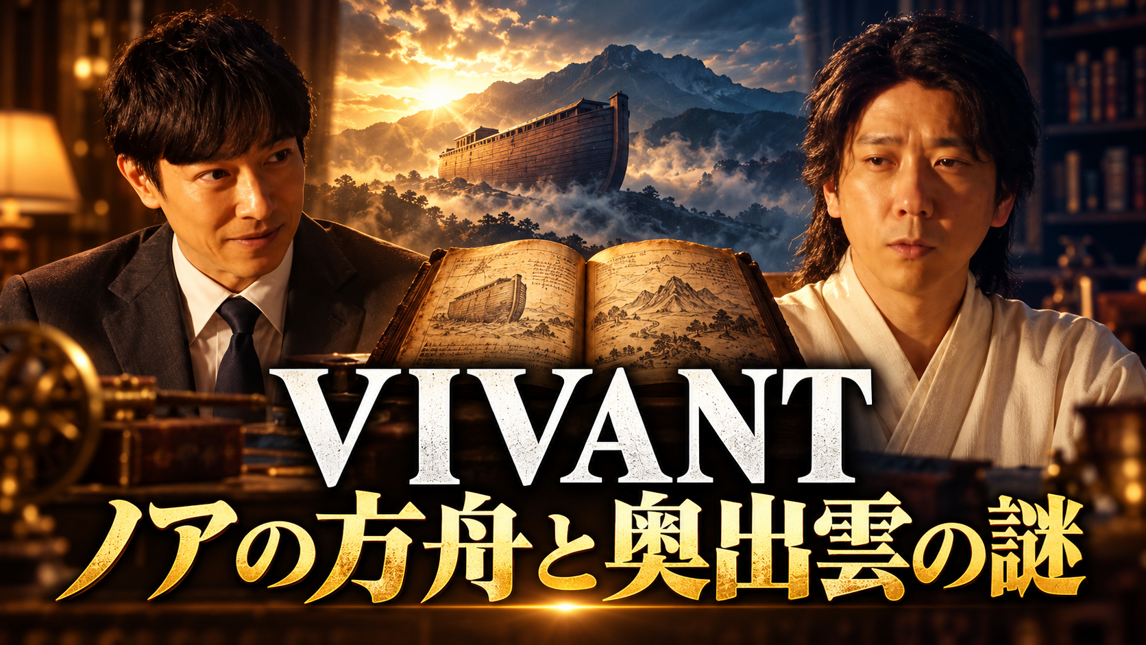乃木とノコル、開いた本、方舟と山を象徴的に配し、「VIVANT ノアの方舟と奥出雲の謎」と記した考察用画像。