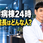 青い照明の病院の廊下と執務室を背景に、白衣姿で腕を組む落合雅人役の沢村一樹さんを右側に配置。左側に「救命病棟24時」「落合院長はどんな人？」と大きく表示した、院長の人物像や進藤・小島との関係を解説する記事用のイメージ画像。