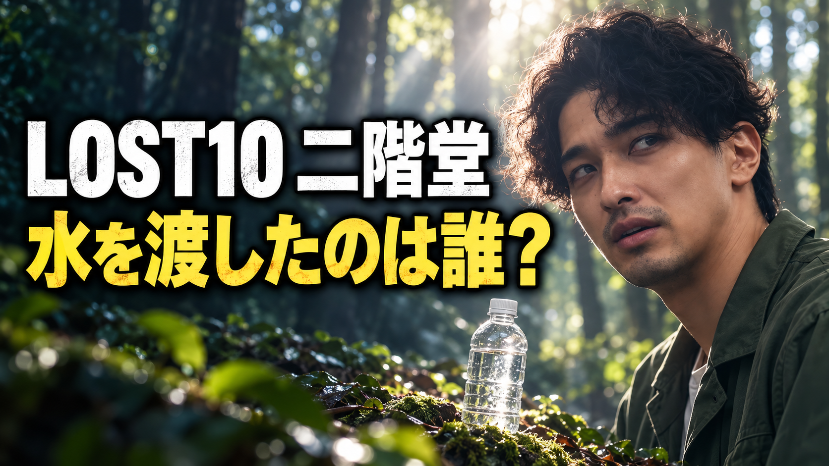森を背景に男性と水のペットボトルを配し、「LOST10 二階堂」「水を渡したのは誰？」と表示した考察記事用イメージ。
