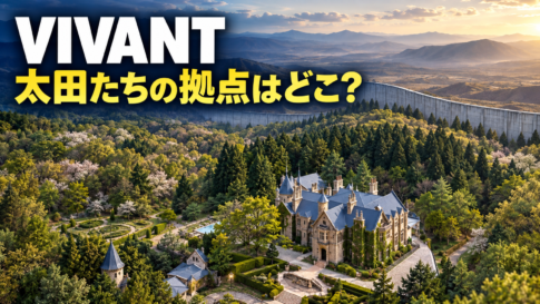 森に囲まれた古城と背後の国境壁を描き、「VIVANT 太田たちの拠点はどこ？」と記したイメージ画像。