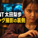 パソコンに向かってタイピングする太田梨歩を描いたイメージ。「VIVANT 太田梨歩」「タイピング撮影の裏側」の文字入り。