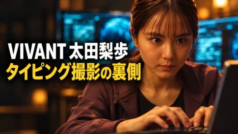 パソコンに向かってタイピングする太田梨歩を描いたイメージ。「VIVANT 太田梨歩」「タイピング撮影の裏側」の文字入り。