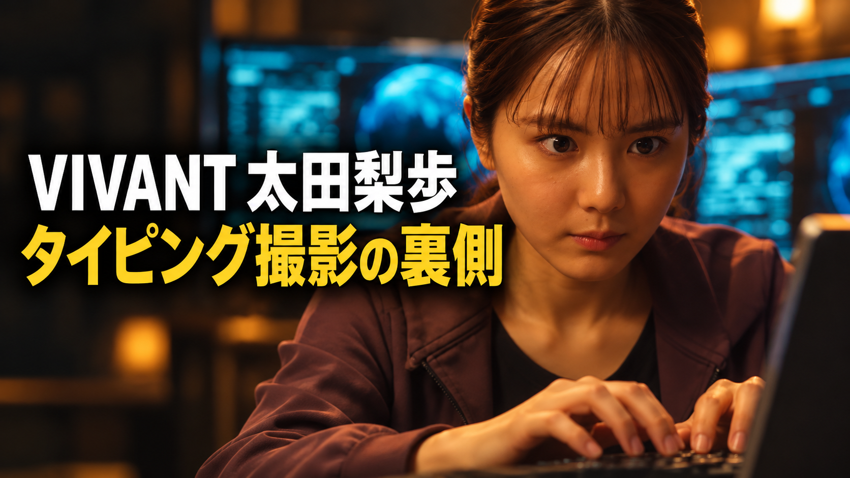 パソコンに向かってタイピングする太田梨歩を描いたイメージ。「VIVANT 太田梨歩」「タイピング撮影の裏側」の文字入り。
