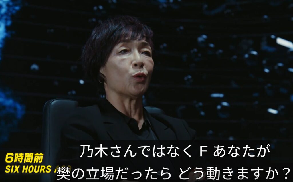 ドラマ『VIVANT』第19話のシーンです。黒い服を着た櫻井司令が真剣な表情で語りかけています。画面には「6時間前」のテロップと、「乃木さんではなくF あなたが樊の立場だったら どう動きますか?」という字幕が表示されています。