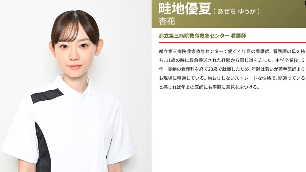ドラマ『救命病棟24時』で畦地優夏を演じる杏花の看護師姿の顔写真と、そのキャラクター紹介テキスト。杏花は白と黒の制服を着て微笑んでいる。右側には「都立第三病院救命救急センター 看護師」という肩書きと詳細な説明が記載されている。
