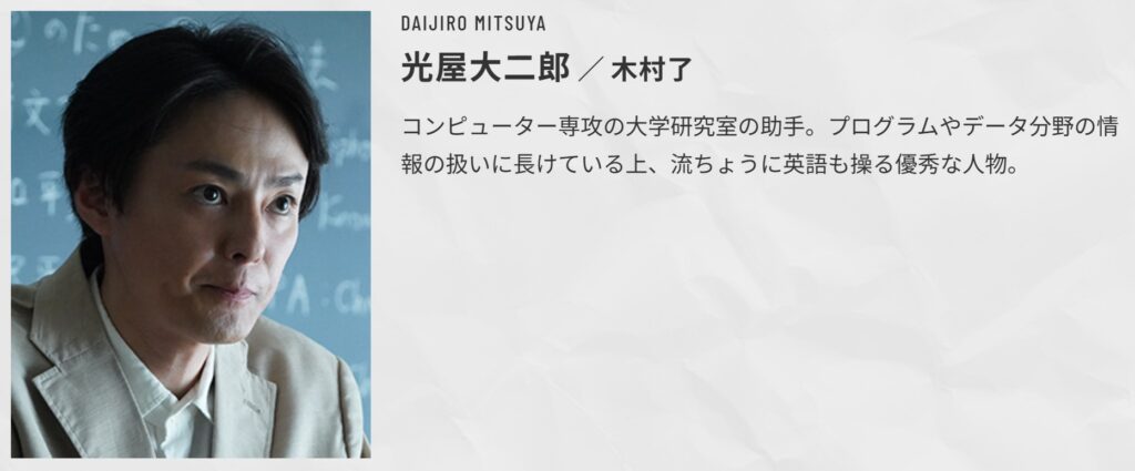 『相棒 season25』に登場する光屋大二郎役の木村了。黒板を背にした横顔の人物写真の横に、役名と「コンピューター専攻の大学研究室の助手。プログラムやデータ分野の情報の扱いに長けている上、流ちょうに英語も操る優秀な人物。」という紹介文が記載されている。