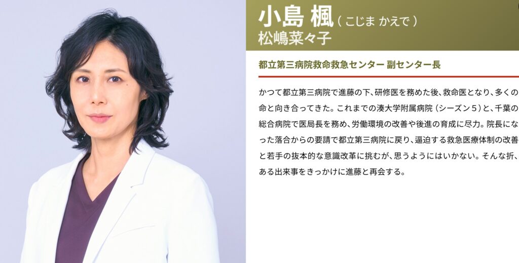 ドラマ『救命病棟24時』で松嶋菜々子さんが演じる小島楓の人物紹介画像。白衣を羽織り凛とした表情を見せるバストアップ写真の隣に、都立第三病院救命救急センター副センター長である役柄の説明文が添えられています。