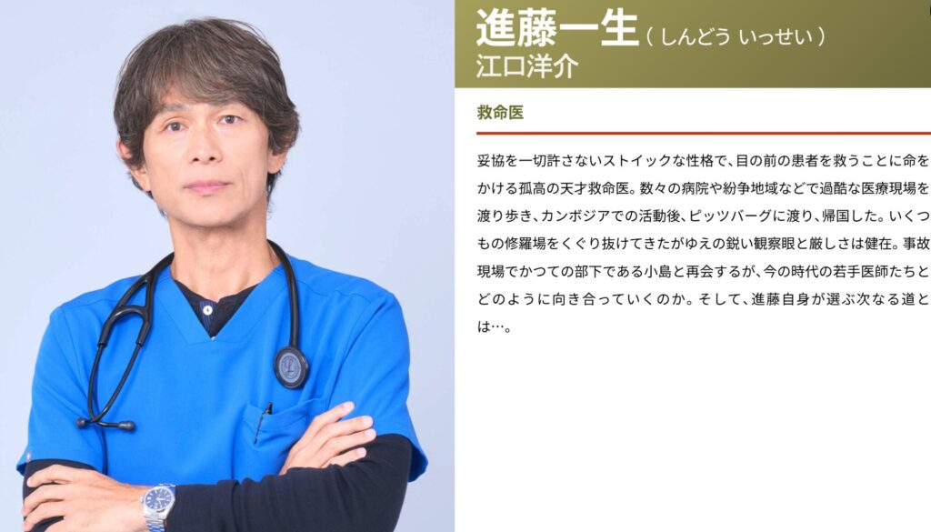 ドラマ『救命病棟24時』で江口洋介さんが演じる進藤一生の人物紹介画像。青いスクラブに聴診器をかけ、腕を組んで力強い眼差しを見せるバストアップ写真の隣に、妥協を許さない天才救命医である役柄の説明文が添えられています。