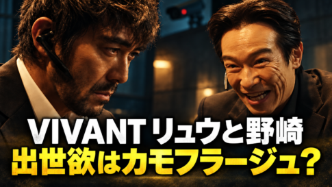 暗い室内で、険しい表情の野崎と笑みを浮かべるリュウが向き合うイメージ画像。背景に監視カメラを配し、白字で「VIVANT リュウと野崎」、黄色で「出世欲はカモフラージュ？」と表示。二人の結託説を考察する記事を象徴しています。