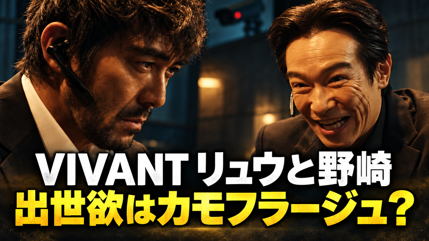 暗い室内で、険しい表情の野崎と笑みを浮かべるリュウが向き合うイメージ画像。背景に監視カメラを配し、白字で「VIVANT リュウと野崎」、黄色で「出世欲はカモフラージュ?」と表示。二人の結託説を考察する記事を象徴しています。
