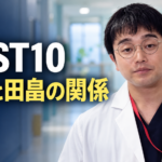 『LOST10』の吉野役・井口理さんの参考写真をもとに、丸眼鏡、白衣、赤いストラップ姿の人物を右側に配置したイメージ画像。小児科の院内を背景に、左側へ白字で作品名、黄色で「吉野と田畠の関係」を大きく表示しています。