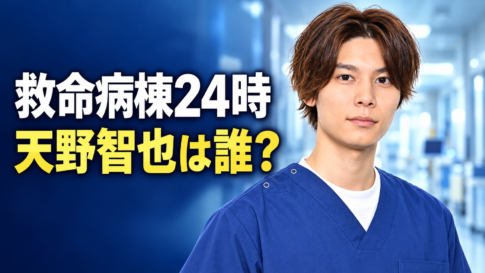 青い医療服姿の萩原利久さんを参考にした人物と、病院の廊下を背景に「救命病棟24時」「天野智也は誰?」の文字を配したイメージ画像。
