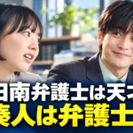 明るい法律事務所を背景に、左側の南役の芦田愛菜さんへ、右側の湊人役の高橋文哉さんが優しく微笑むイメージ画像。下部に「南田南弁護士は天才肌」「湊人は弁護士?」と大きく表示し、湊人の職業と南との関係を紹介しています。