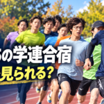 陸上トラックを走る学生ランナーたちを描き、「俺たちの学連合宿」「どこで見られる？」の文字を配置したイメージ画像。