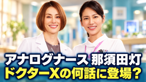 大門未知子と那須田灯を描いたイメージ。「アナログナース 那須田灯」「ドクターXの何話に登場?」の文字を配置。