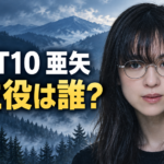 ドラマ『LOST10』の亜矢役・中村アンさんの参考画像をもとにした横長イラスト。眼鏡をかけた黒髪の女性を右側に大きく描き、霧に包まれた山々と森林を背景に、左側へ「LOST10 亜矢」「先生役は誰?」と表示しています。