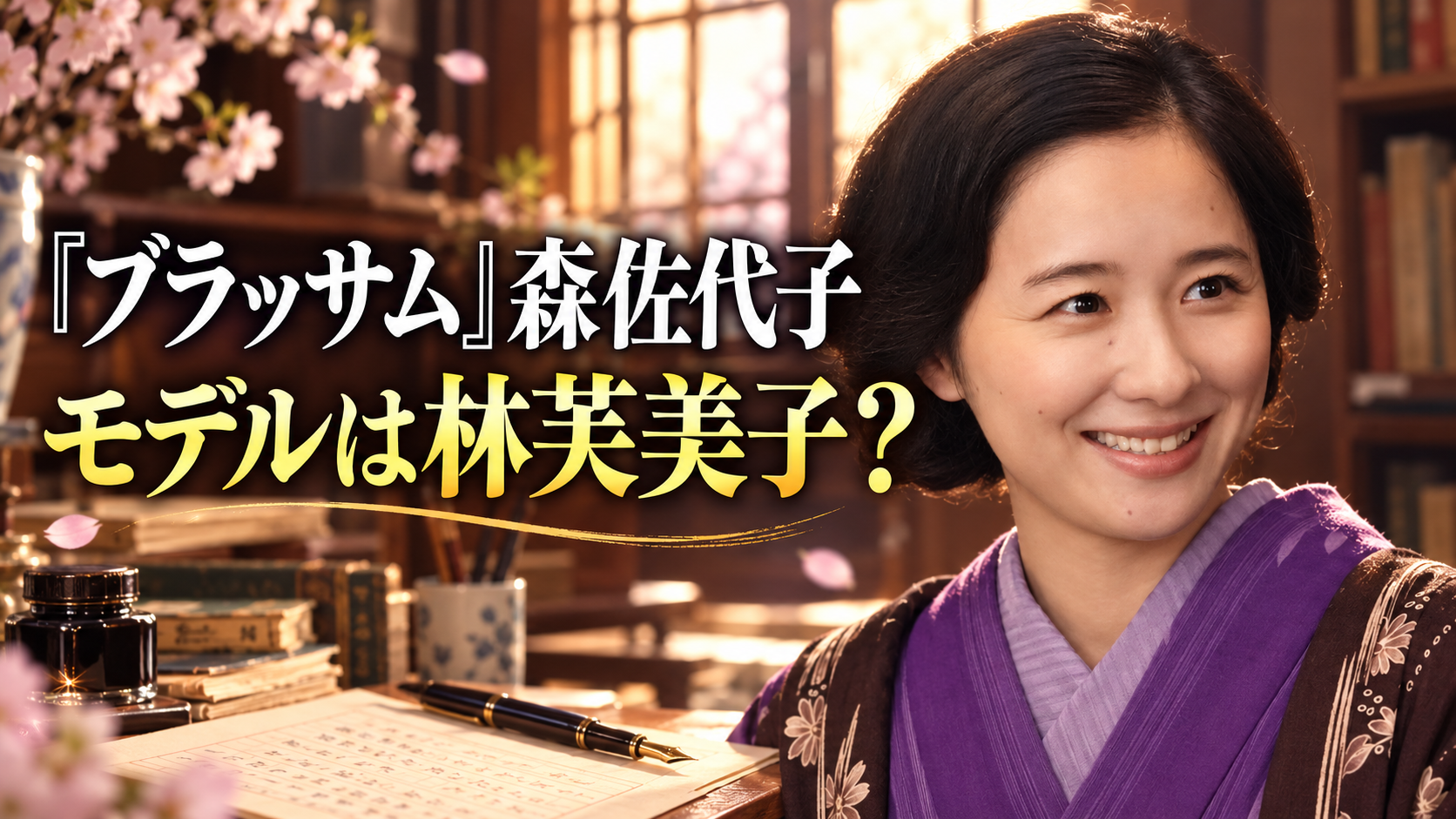朝ドラ『ブラッサム』の森佐代子をイメージした、紫の着物姿でほほ笑む女性。原稿用紙と万年筆が置かれた温かな書斎を背景に、「『ブラッサム』森佐代子」「モデルは林芙美子？」の文字を大きく配置した記事のアイキャッチ画像。